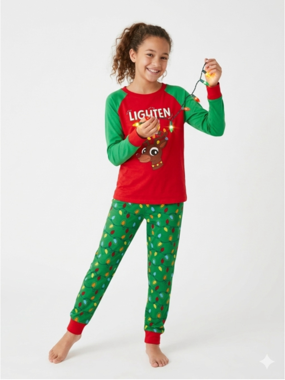 Girls Fammy Jammies Christmas Reindeer Pajama Set Size 14 Red Green - 904